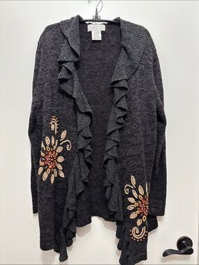 Sz L Mandal Bay Charcoal Ruffle Open Cardigan with Floral Embroidery